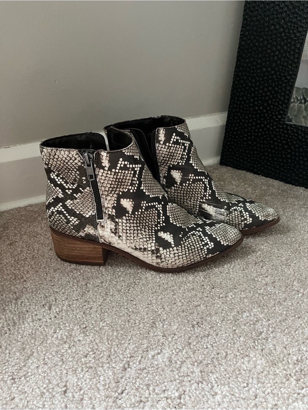 Textured Snake-Print Ankle Booties in Black and Cream